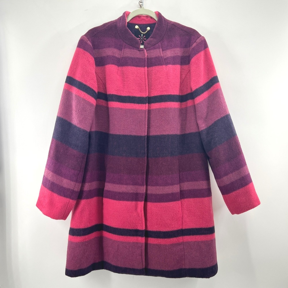 Isaac Mizrahi Live Coat Womens 14 Pink Purple Striped Wool Blend Overcoat